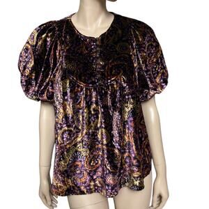 Anthropologie Velvet Puff Sleeves Peasant Top Size Small Purple Motif Paisley